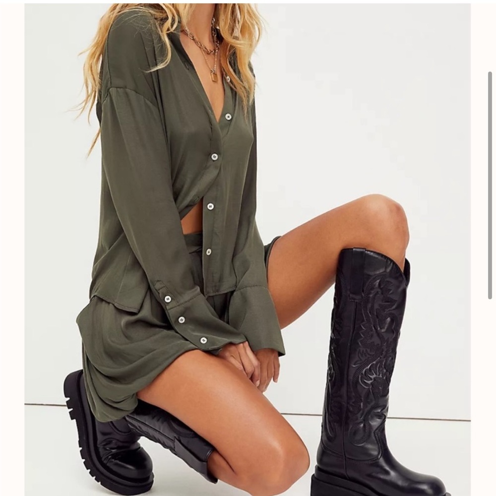 Olive/Army-Coloured Free People Satin Short Set - Size XS // 0
